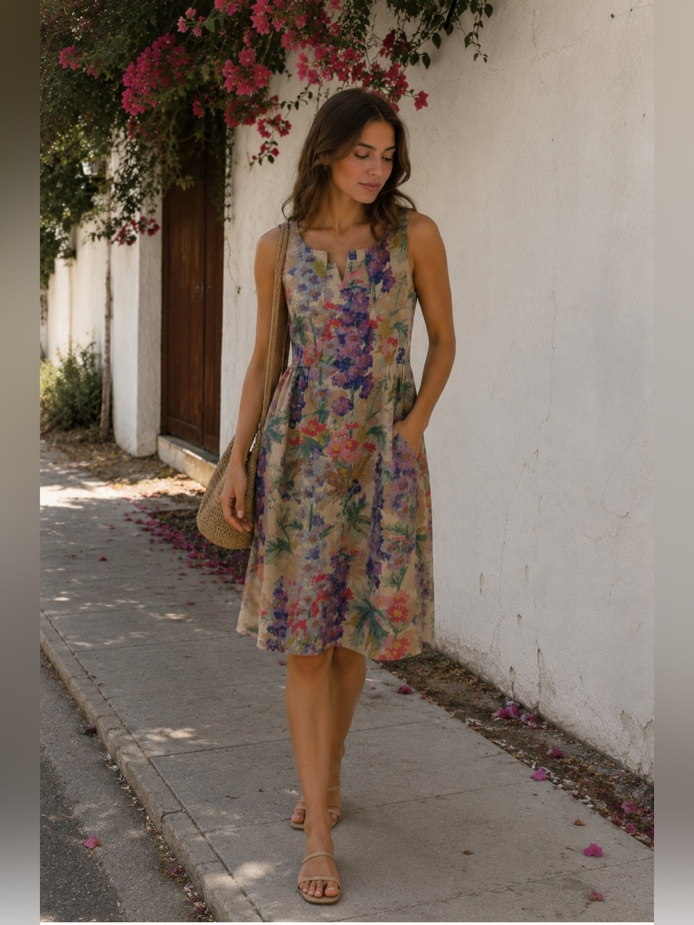 Floral Linen Blend Sleeveless Dress in Beige
